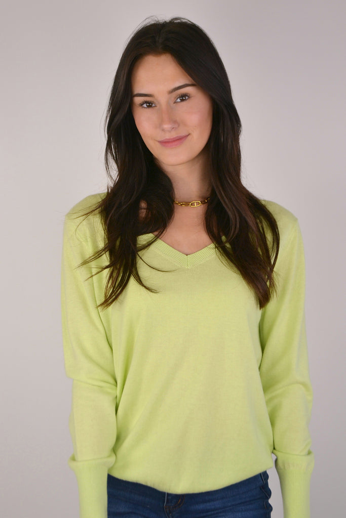 Model wearing Lime Cashmere V Neck Sweater