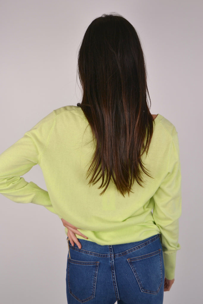 Back View - Lime Cashmere V Neck Sweater