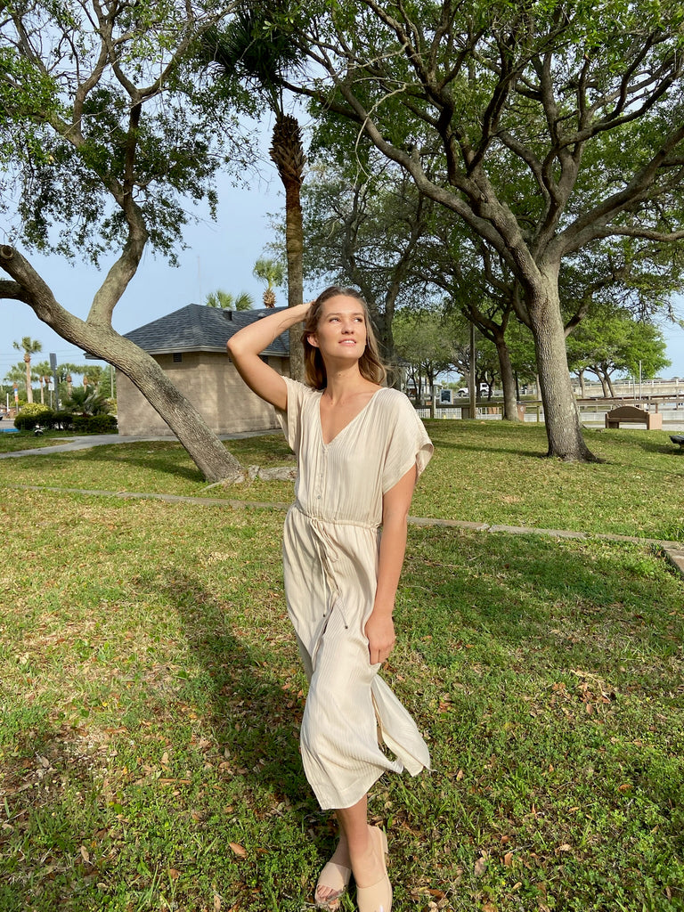 Maxwell Button Down Beige Dress with shoes
