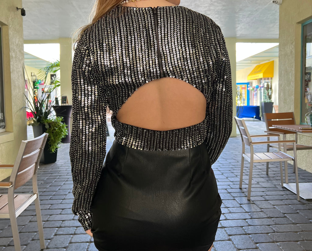 Back View - Cropped Open Back Sequin Top Black