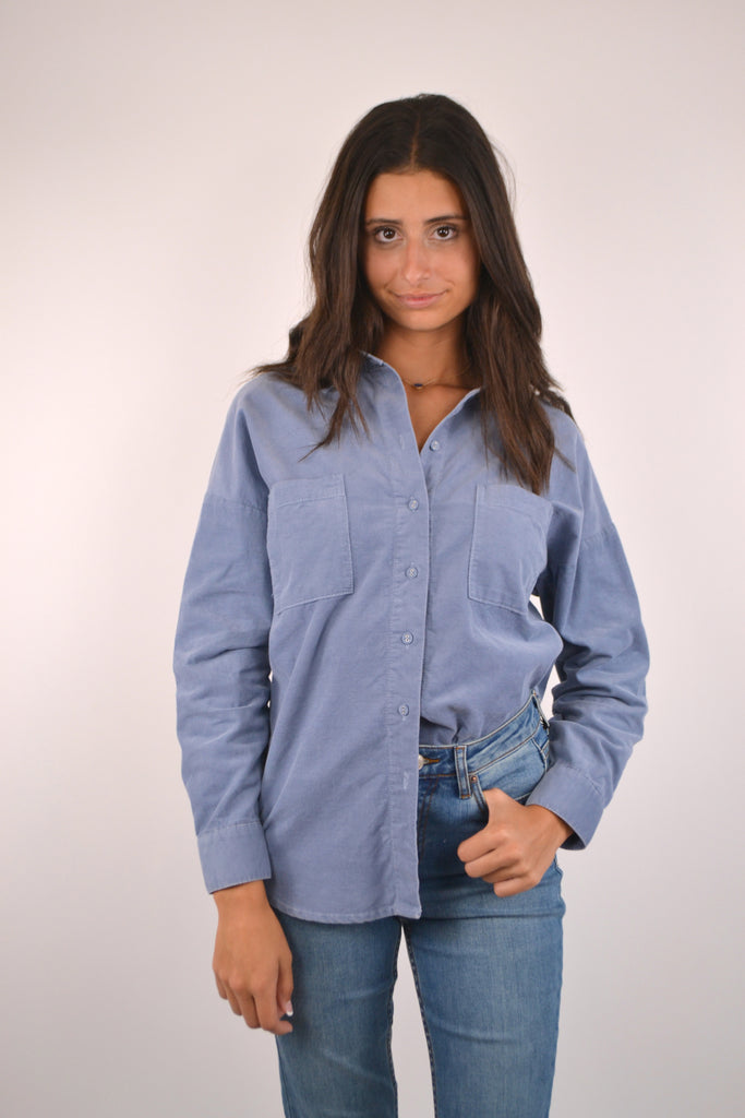 Dusty Blue Corduroy Shacket with Jeans
