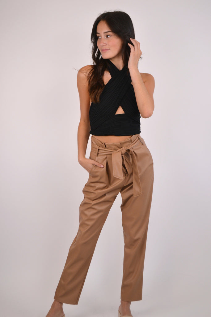 Black Twist Front Halter Top With Tie Back with Pants