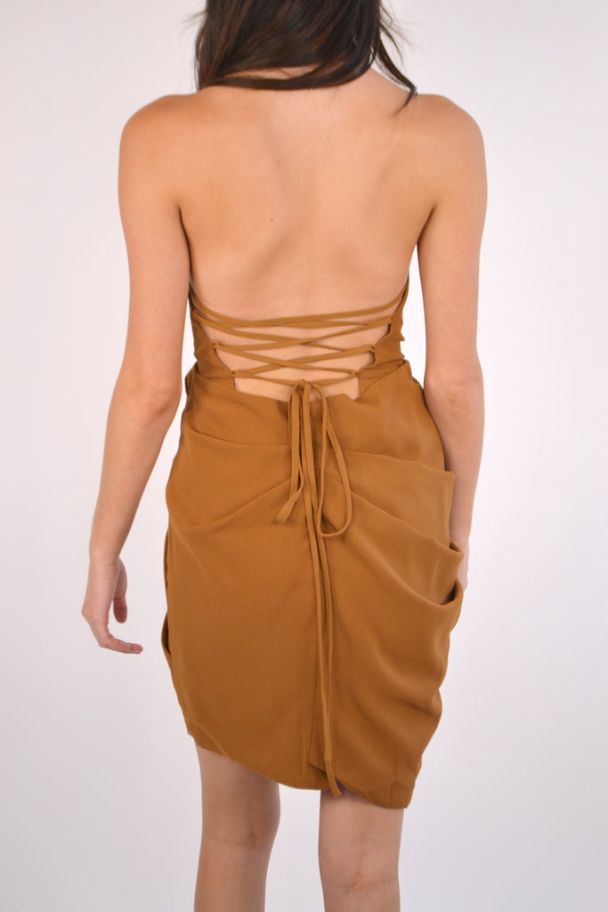 Back View - Inka Gold Wrap Cross Neck Dress