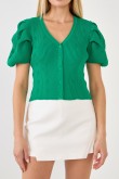 Green Puff Short Sleeve Cardigan with Skirt