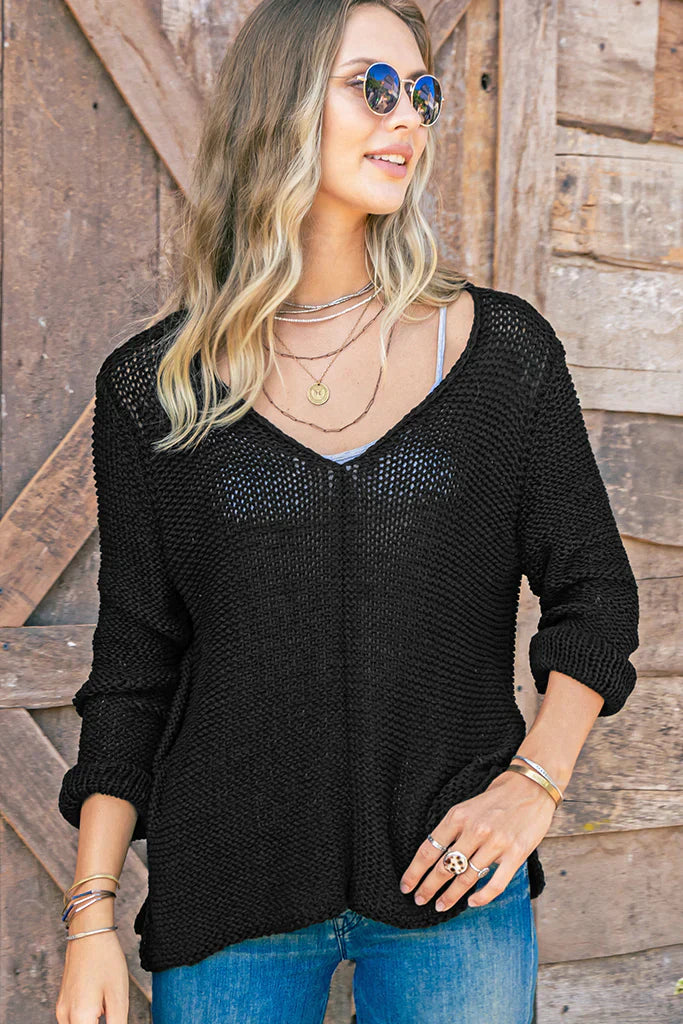 Front View - Black Maui V Cotton Sweater
