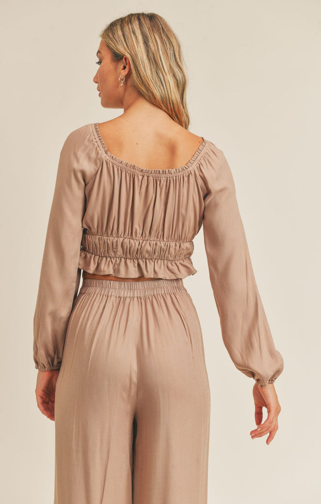 Back View - Neverland Taupe Ruffled Top