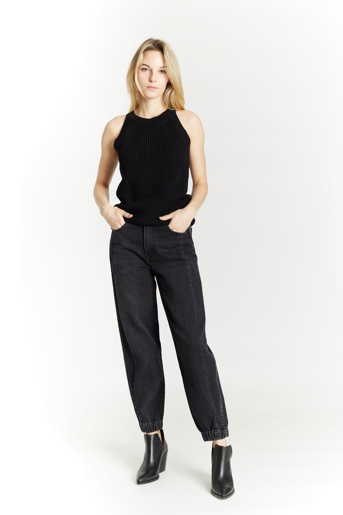 Black Knit Halter Top with Pants and Boots
