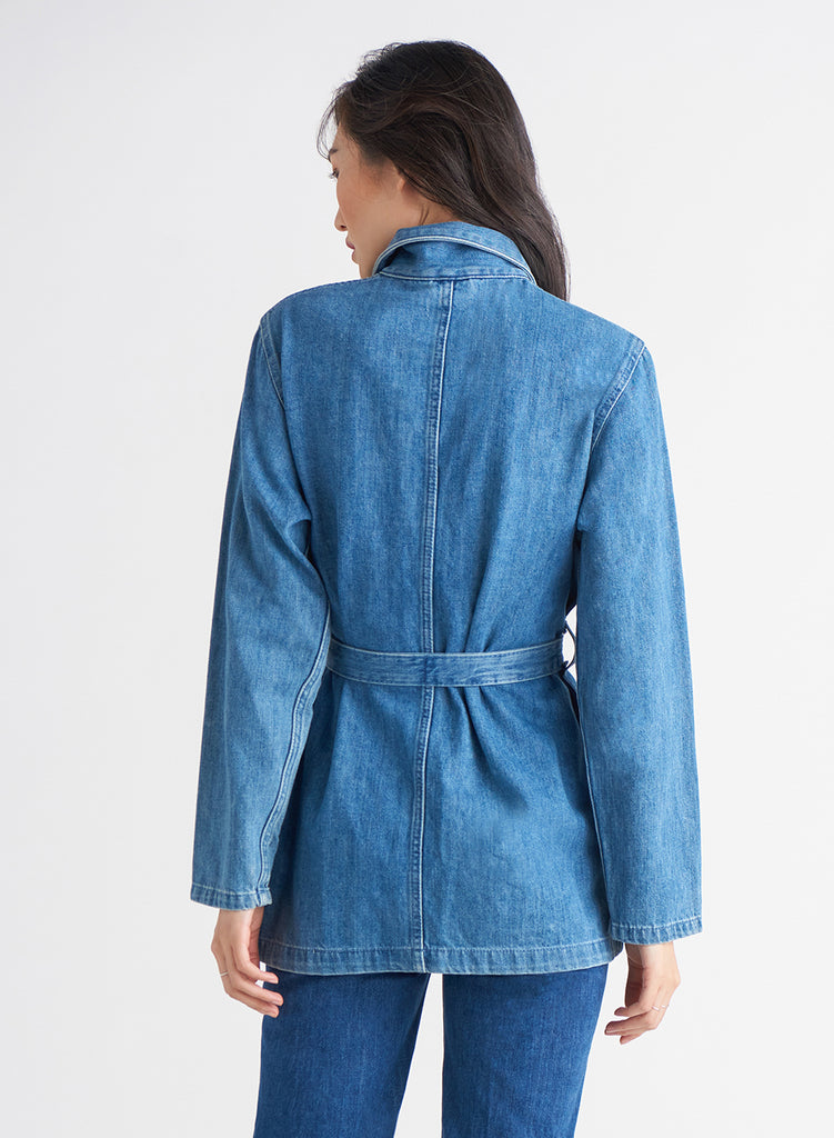 Back View - Blue Wash Denim Jacket with Belt