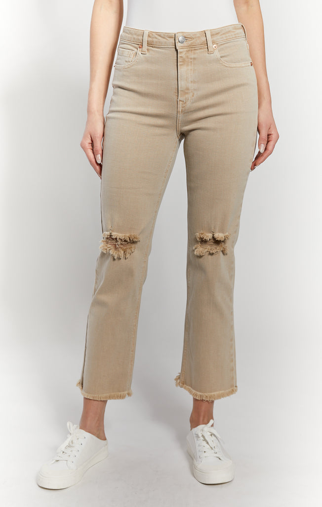 Tan Ripped High Rise Straight Fray Hem